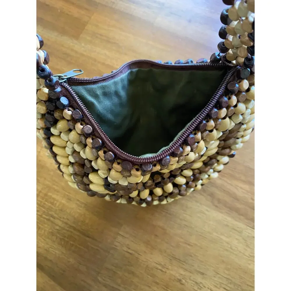 Vintage Wooden Beaded Crescent Shaped Bag Natural 90s Y2K EUC Small Purse Boho
